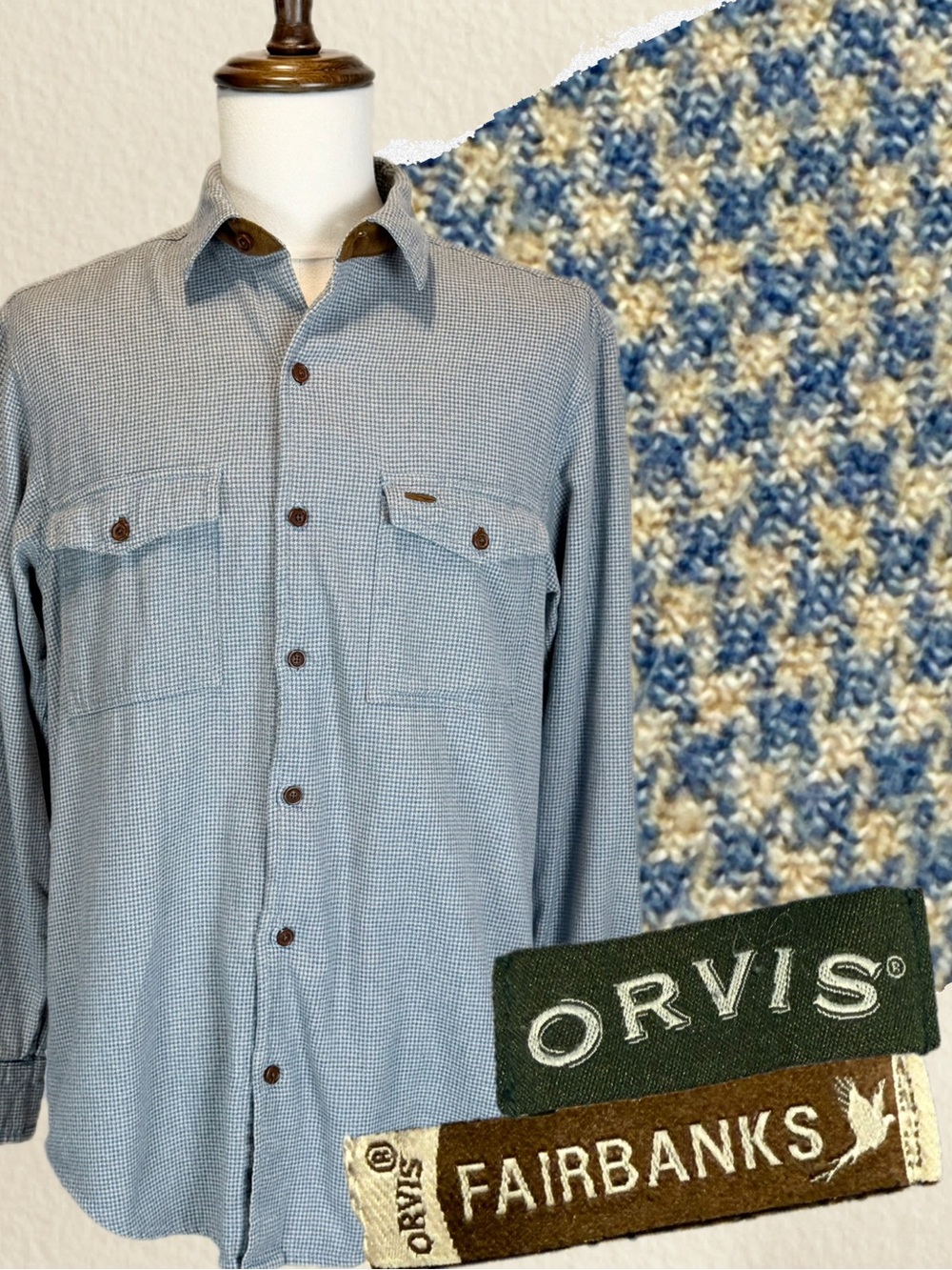 VINTAGE Orvis flannel button down shirt men’s  100% cotton houndstooth plaid 90s